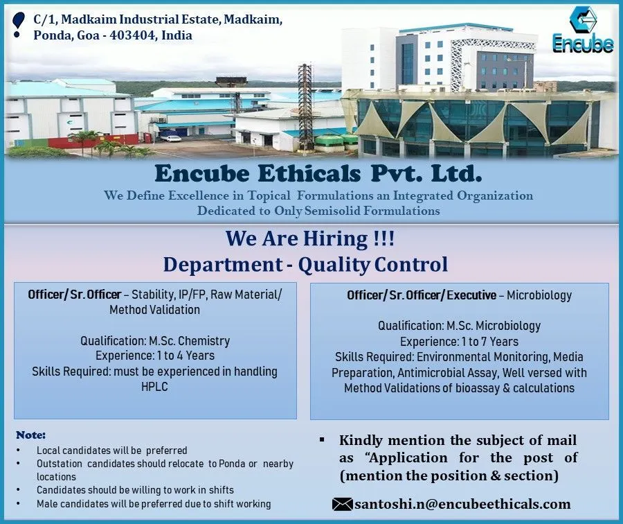 Encube Ethicals - Urgent Openings for Quality Control Departments